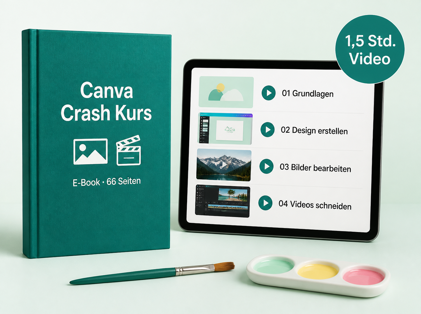 Canva Crash Kurs E-Book mit 66 Seiten und Tablet mit Video-Anleitungen zu Grundlagen, Design, Bildbearbeitung und Videoschnitt